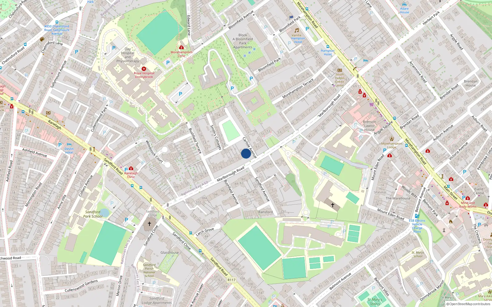 Overhead map showing the location of 67 Marlborough Road, Donnybrook