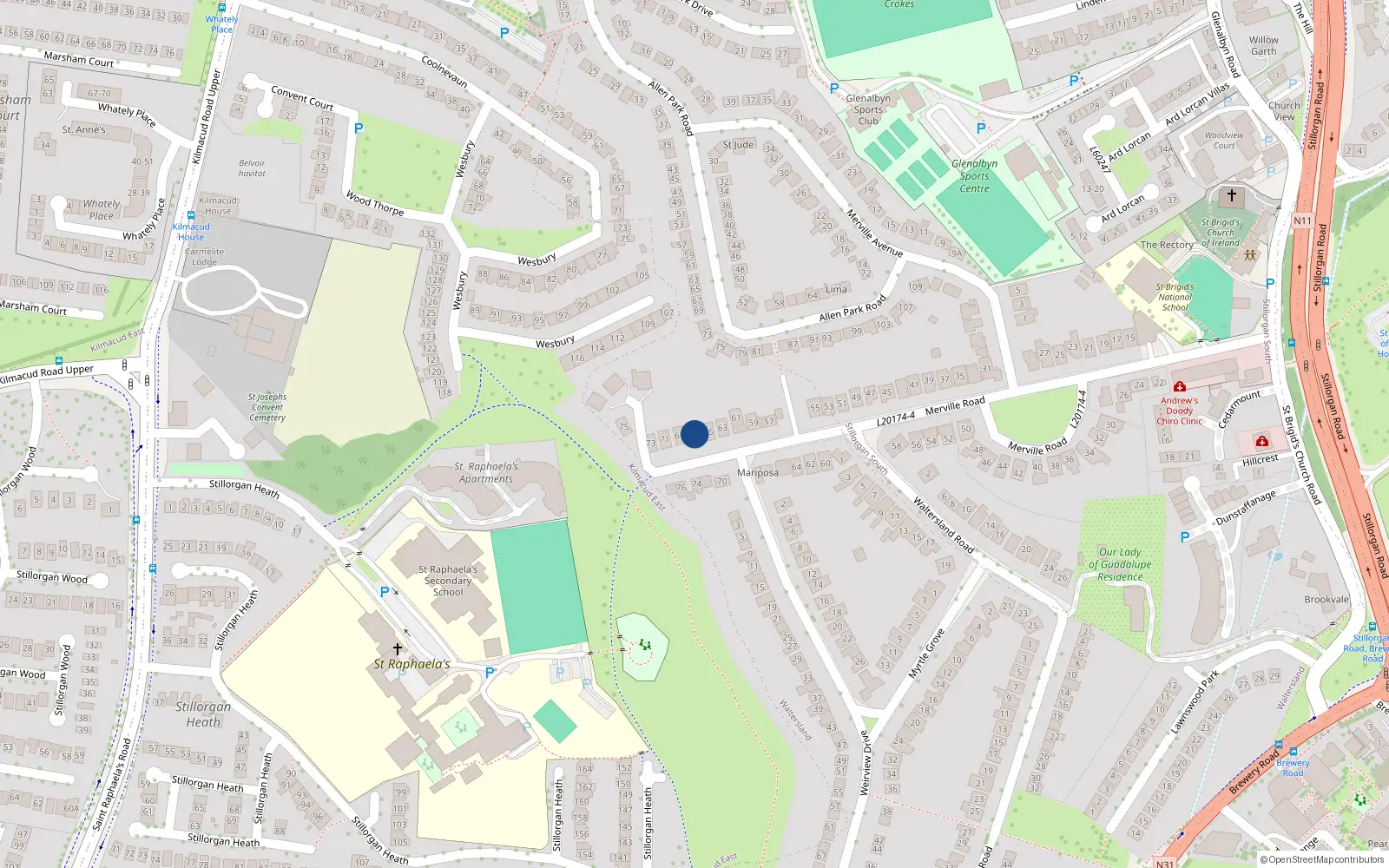 Overhead map showing the location of 67 Merville Road, Dublin