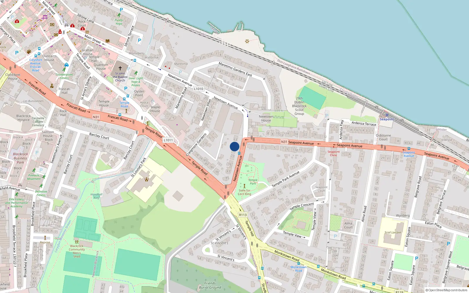 Overhead map showing the location of 67 Newtown Avenue, Blackrock