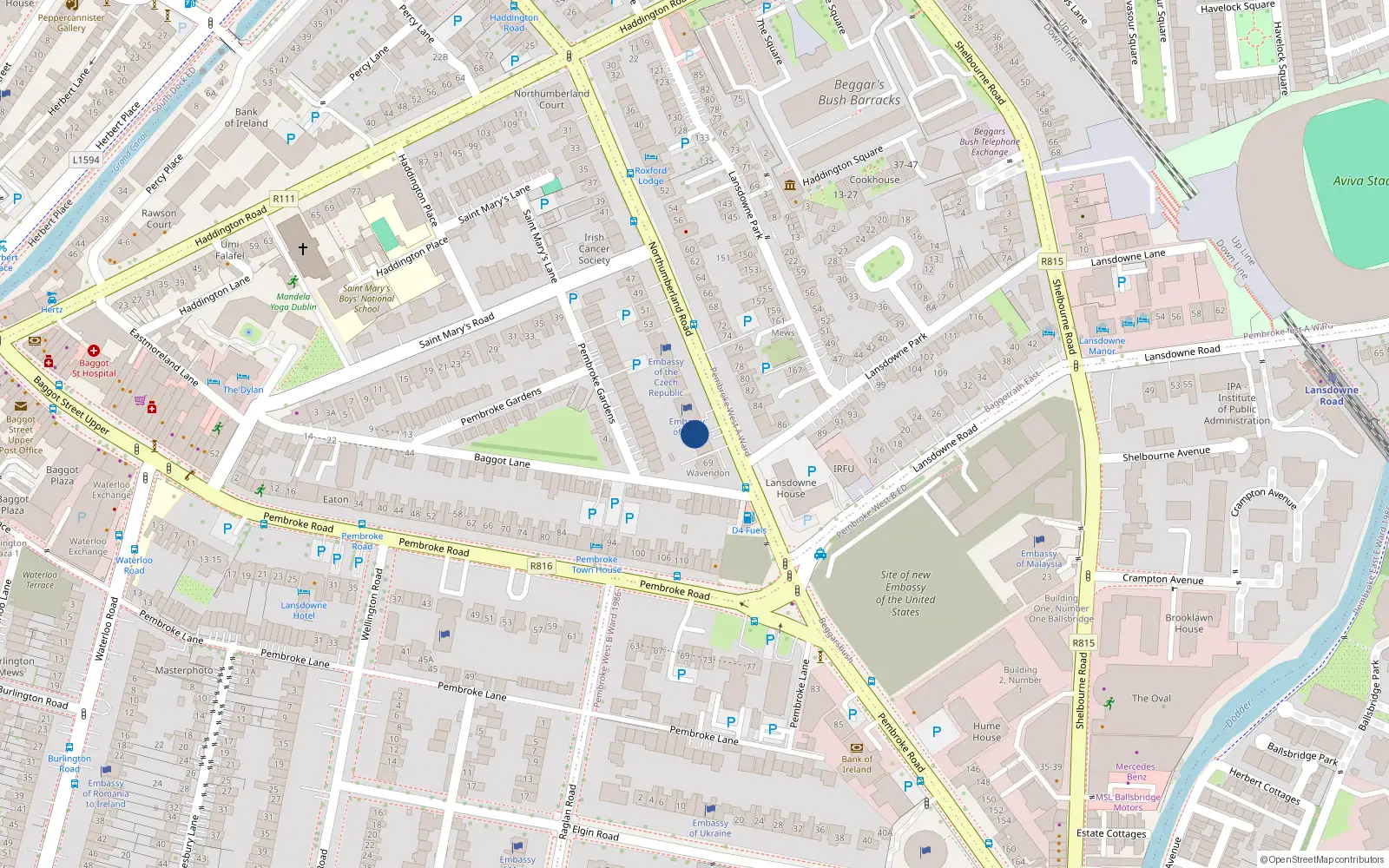 Overhead map showing the location of 67 Northumberland Road, Dublin 4