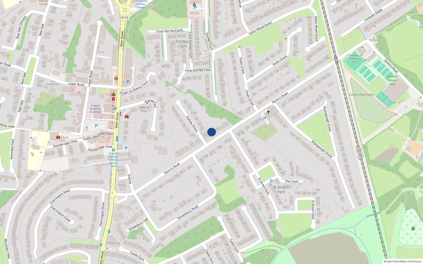 Overhead map showing the location of 67 Quinn's Road, Shankill