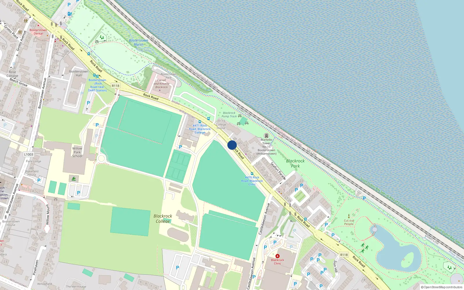 Overhead map showing the location of 67 Rock Road, Dublin