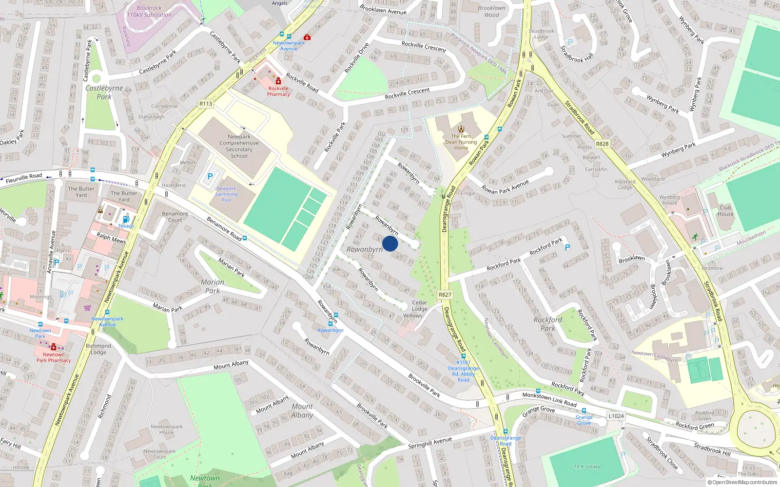 Overhead map showing the location of 67 Rowanbyrn, Blackrock