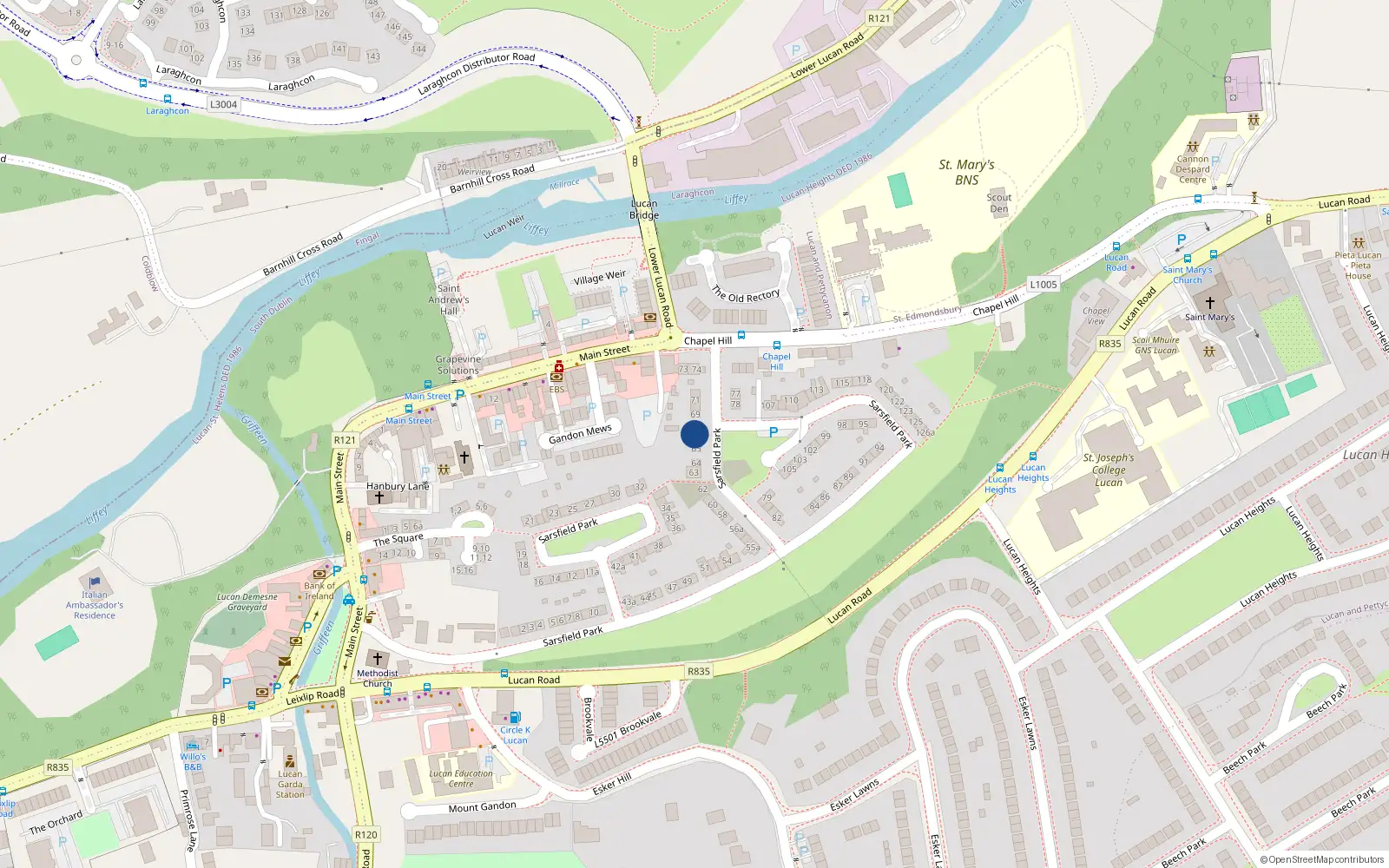 Overhead map showing the location of 67 Sarsfield Park, Lucan