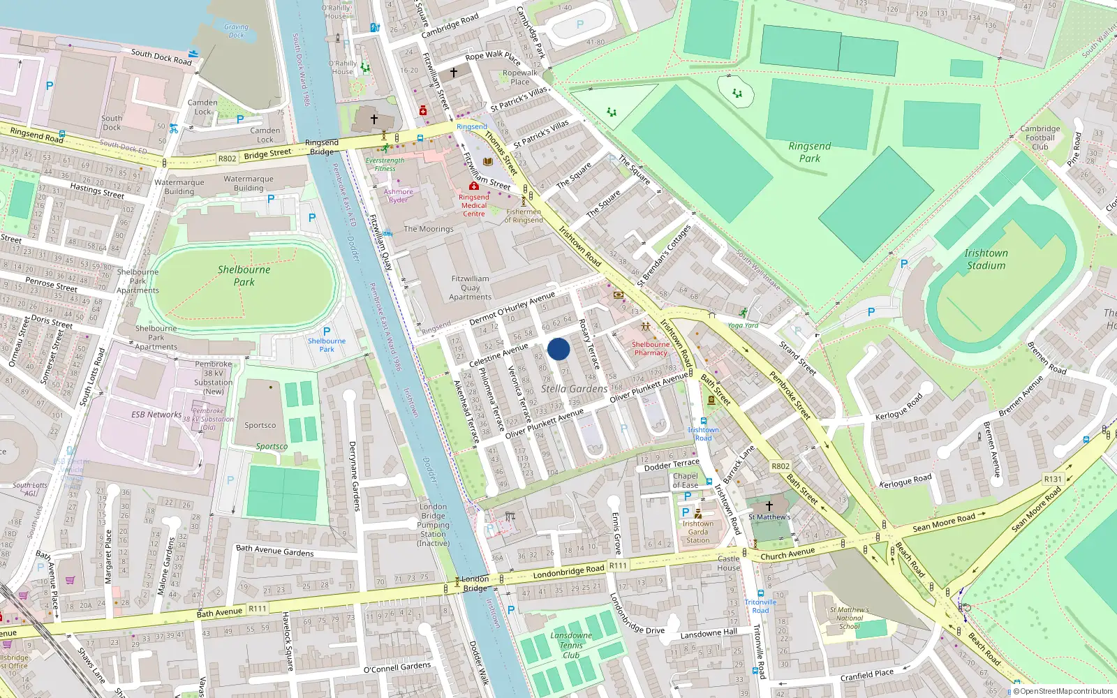 Overhead map showing the location of 67 St Magdalen Terrace, Stella Gardens, Irishtown