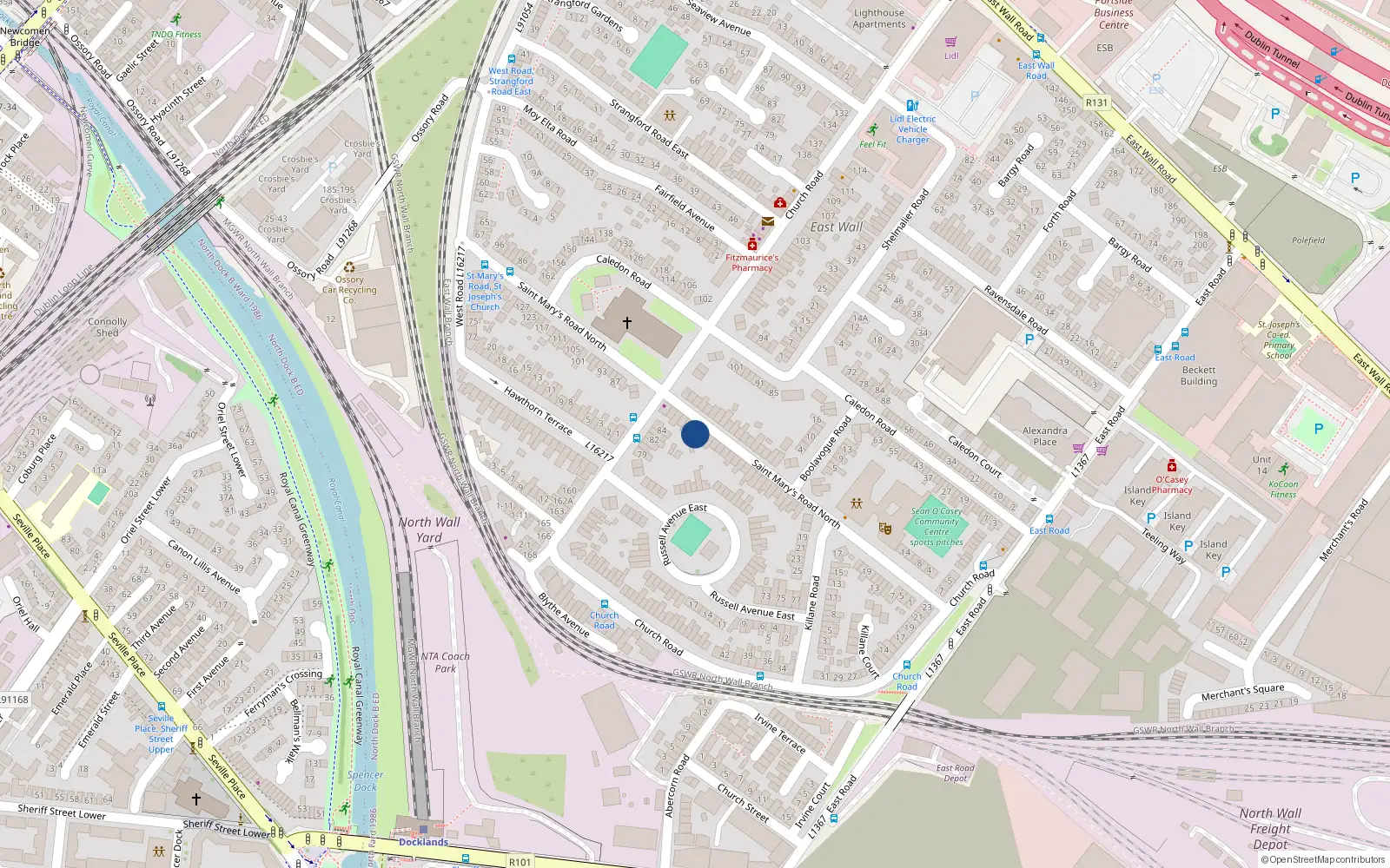 Overhead map showing the location of 67 St Marys Road, East Wall, Dublin 3
