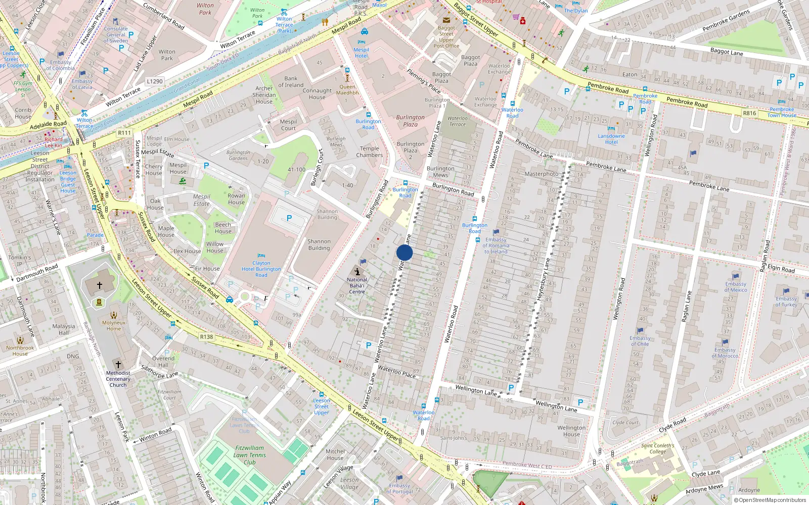 Overhead map showing the location of 67 Waterloo Lane, Dublin 4