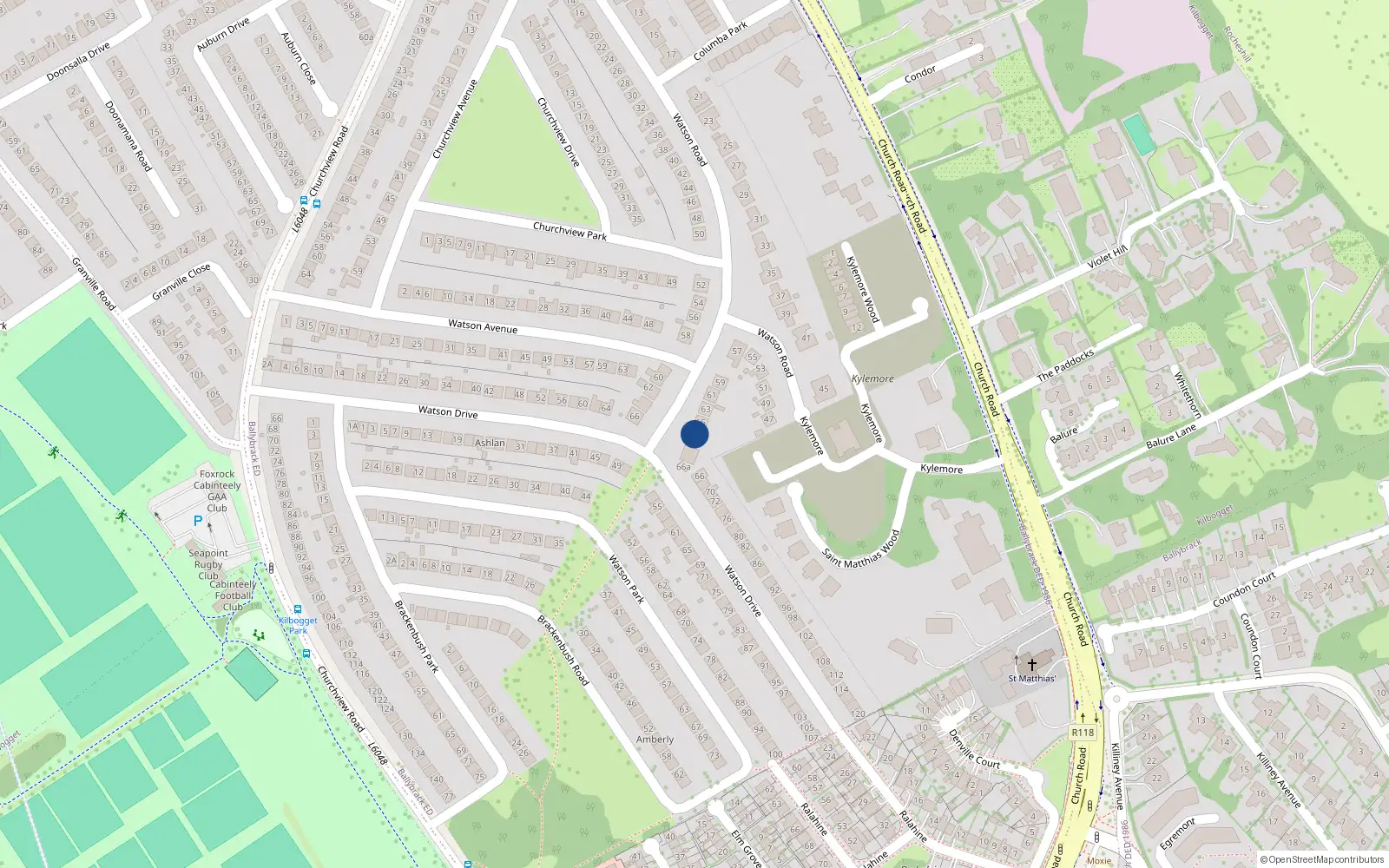 Overhead map showing the location of 67 Watson Road, Killiney