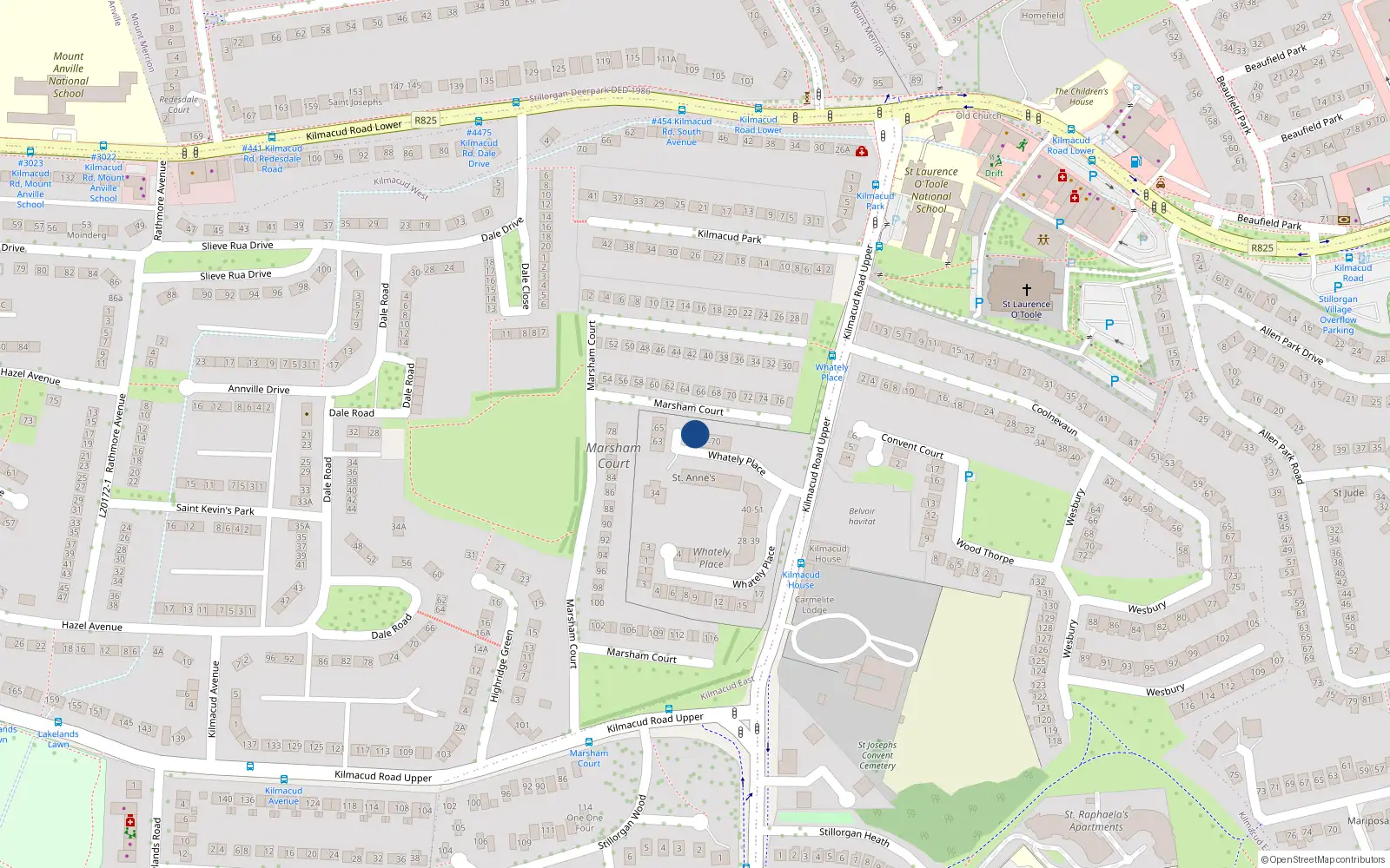 Overhead map showing the location of 67 Whatley Place, Kilmacud Road Upper, Blackrock