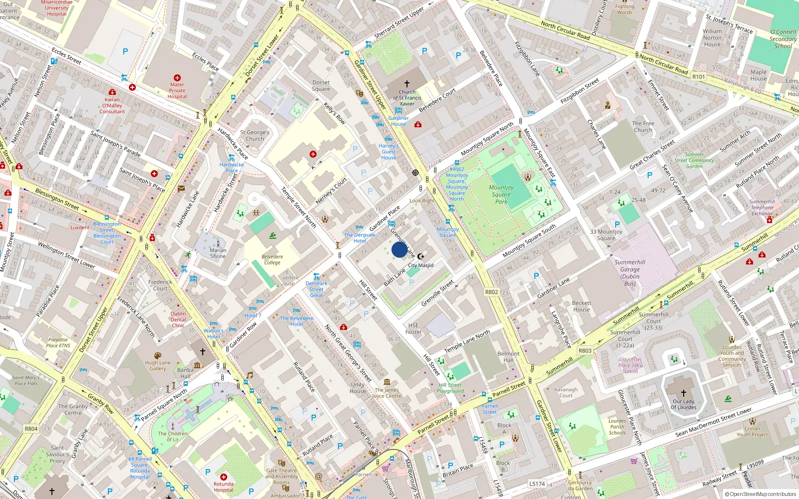 Overhead map showing the location of 67A Mountjoy Square Rear To 67, 27 Grenville Lane, Dublin 1