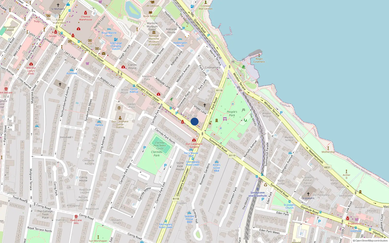 Overhead map showing the location of 67A George's Street Upper, Co Dublin