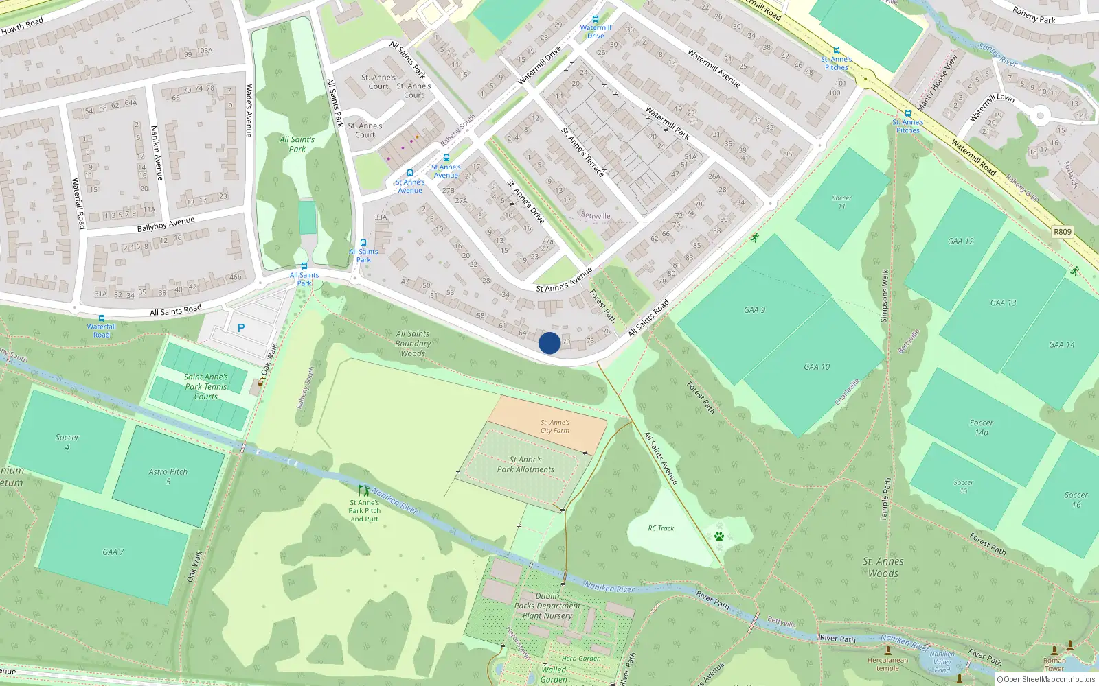 Overhead map showing the location of 68 All Saints Road, Dublin 5