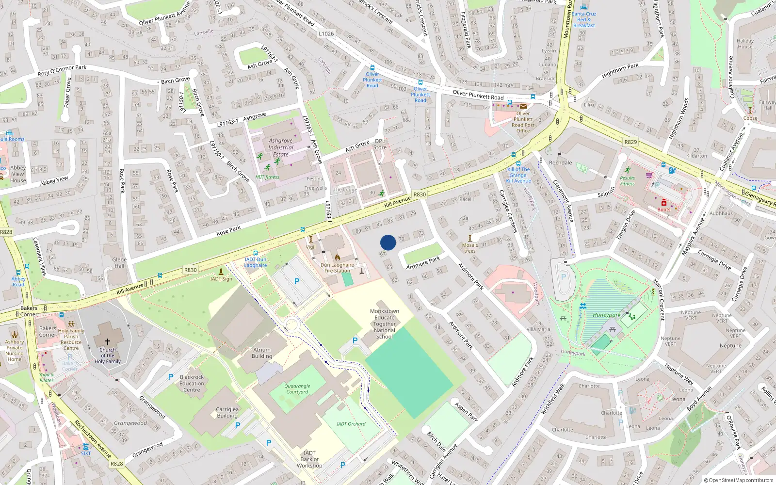 Overhead map showing the location of 68 Ardmore Park, Dun Laoghaire, Dublin.