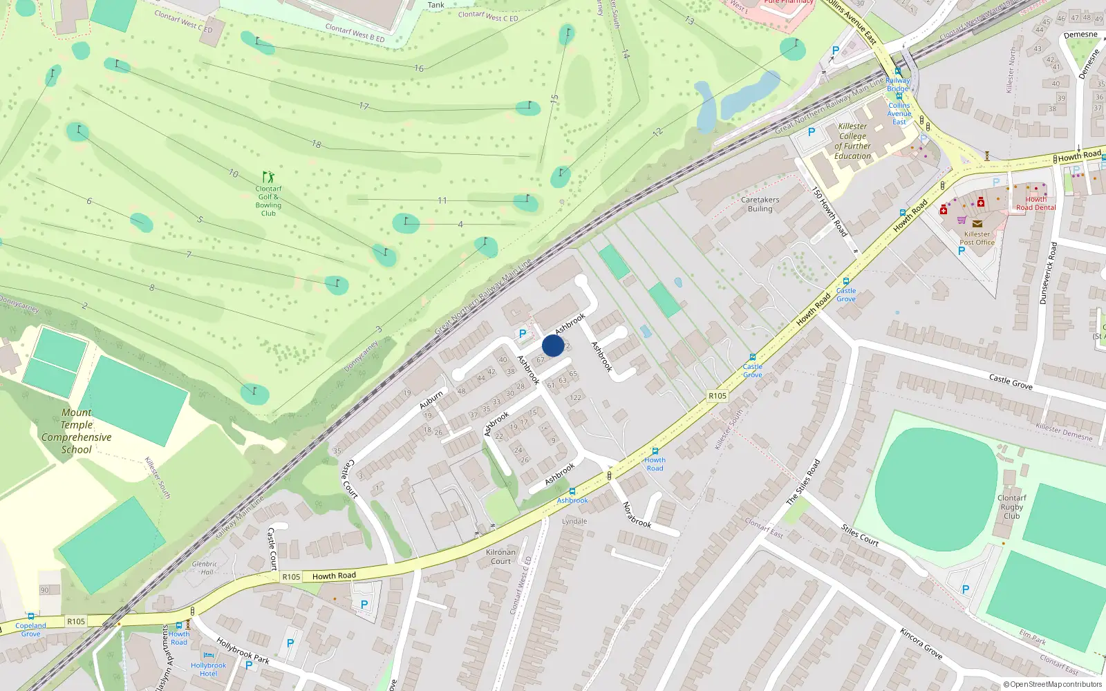 Overhead map showing the location of 68 Ashbrook, Dublin 3