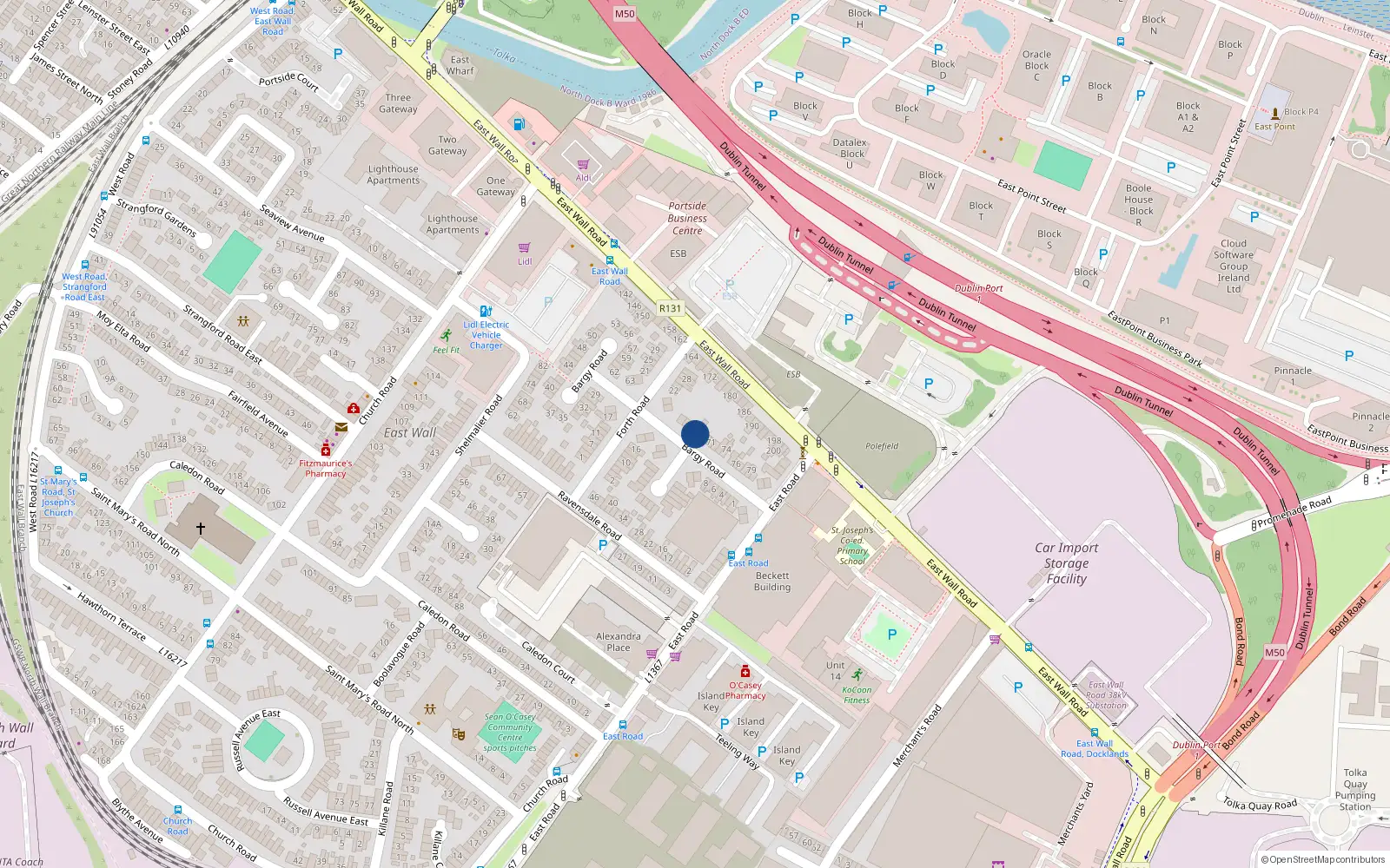 Overhead map showing the location of 68 Bargy Road, East Wall, Dublin 3