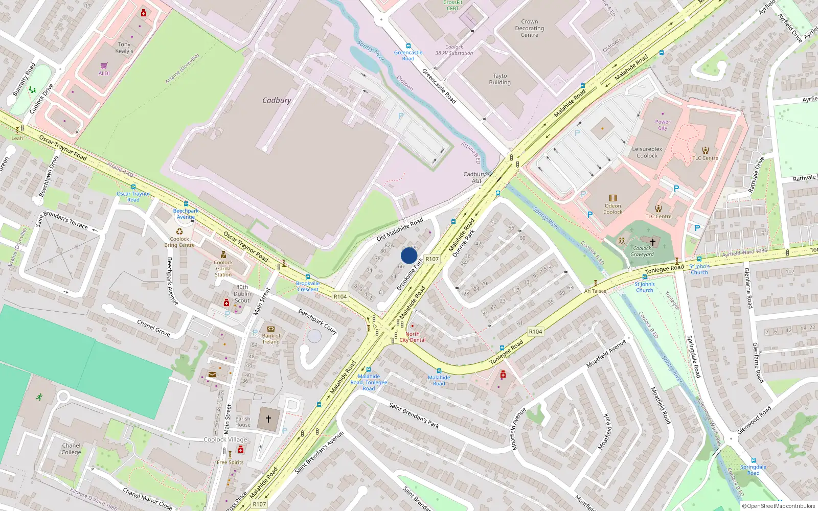 Overhead map showing the location of 68 Brookville Park, Dublin 5