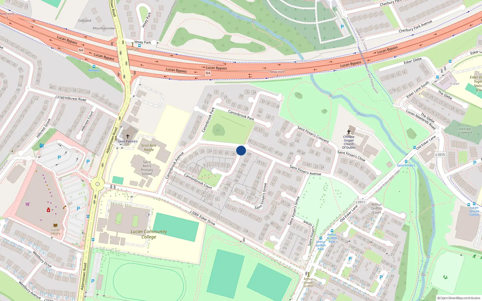 Overhead map showing the location of 68 Cannonbrook Court, Lucan