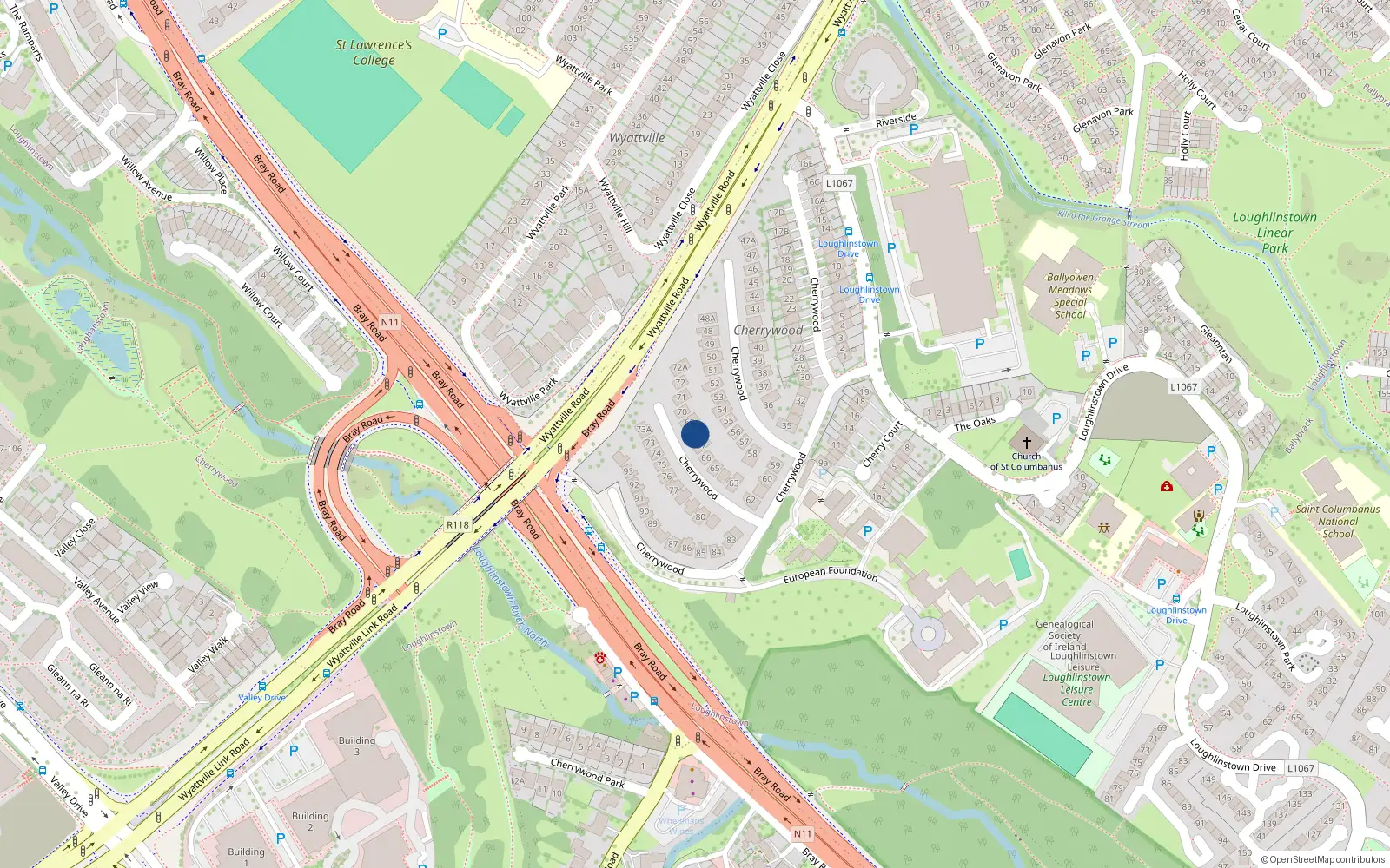 Overhead map showing the location of 68 Cherrywood, Dublin