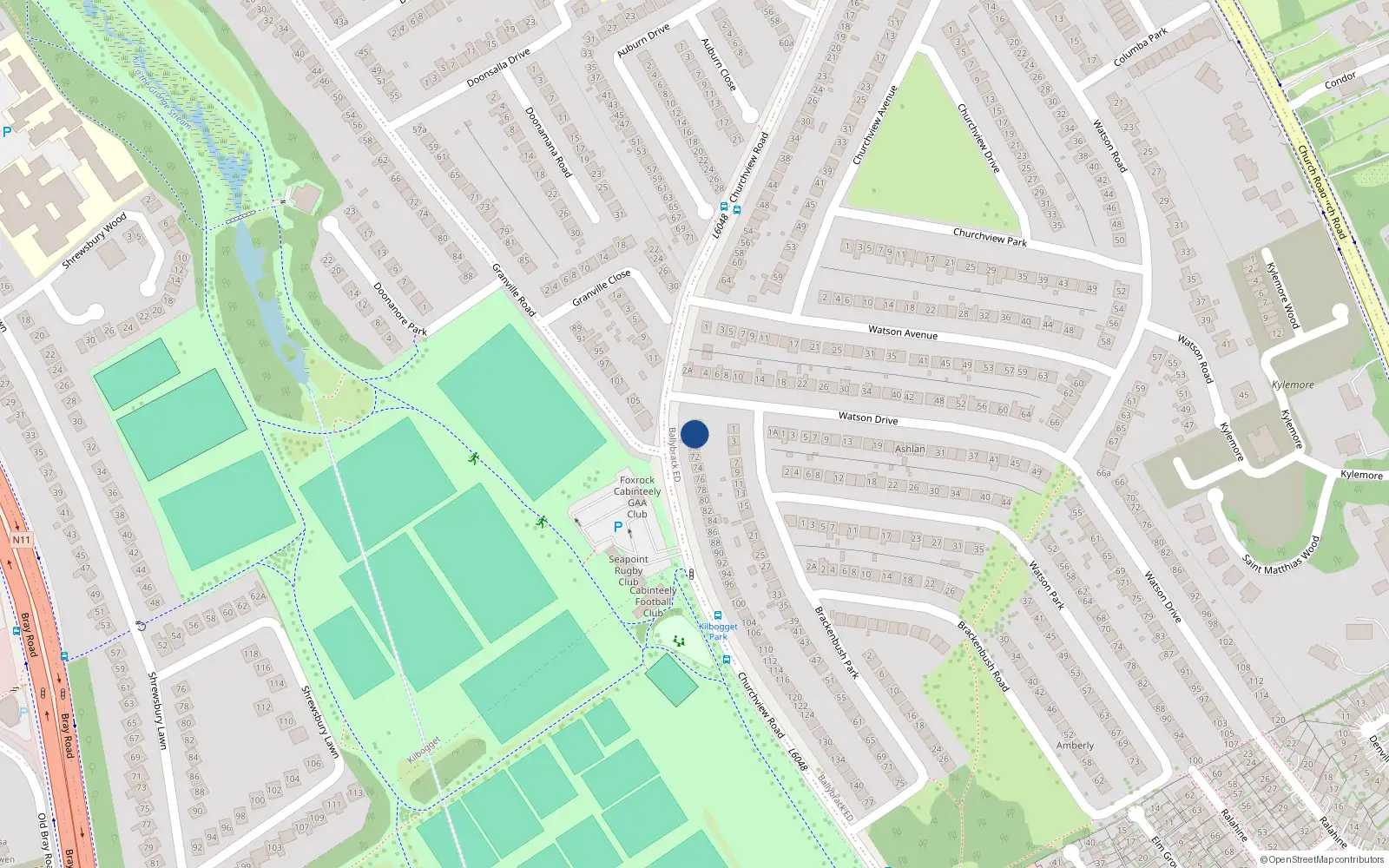 Overhead map showing the location of 68 Churchview Road, Killiney