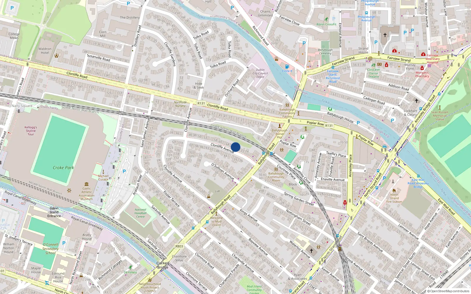 Overhead map showing the location of 68 Clonliffe Avenue, Dublin