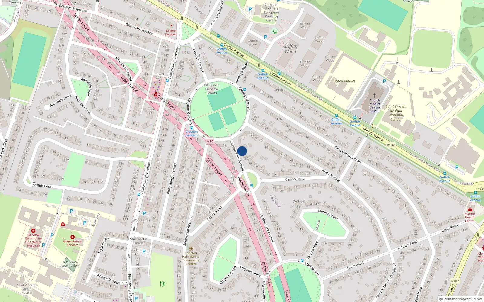 Overhead map showing the location of 68 Croydon Park Avenue, Dublin 3