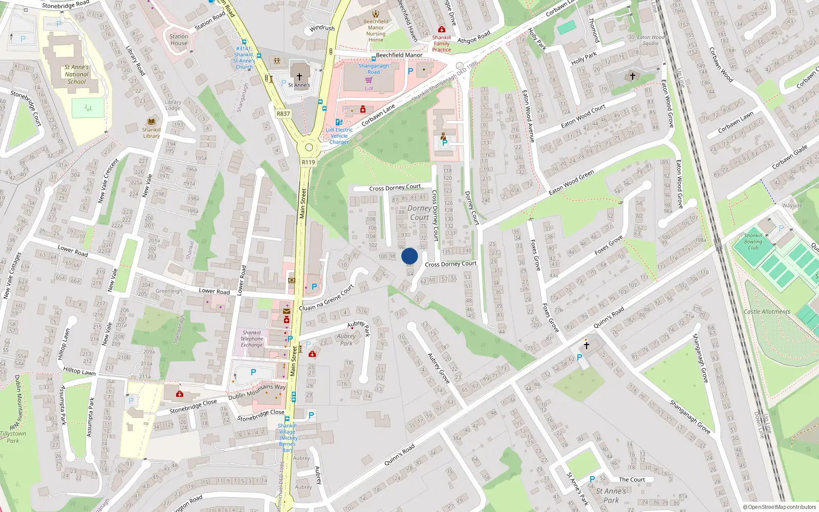 Overhead map showing the location of 68 Dorney Court, Shankill