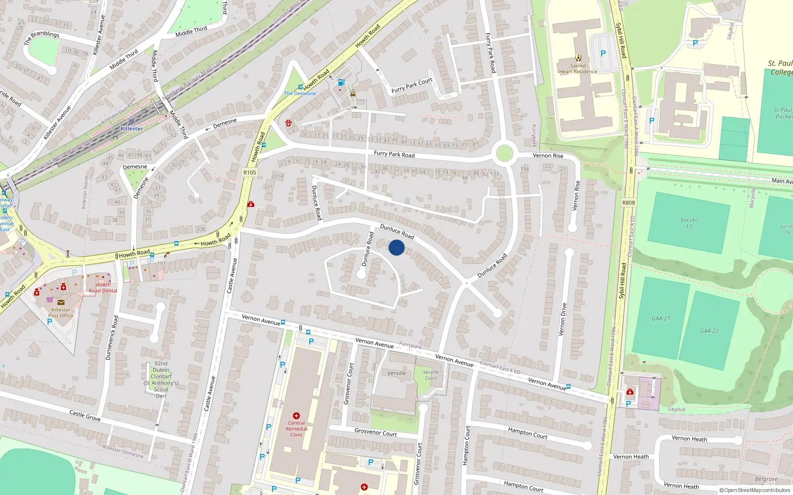 Overhead map showing the location of 68 Dunluce Road, Dublin 3