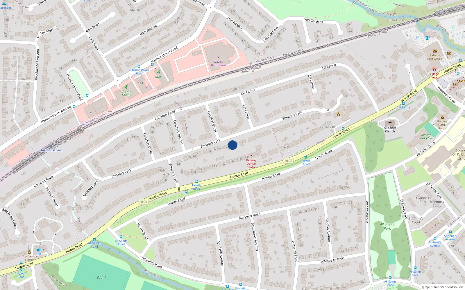 Overhead map showing the location of 68 Eannafort Park, Raheny, Dublin 5