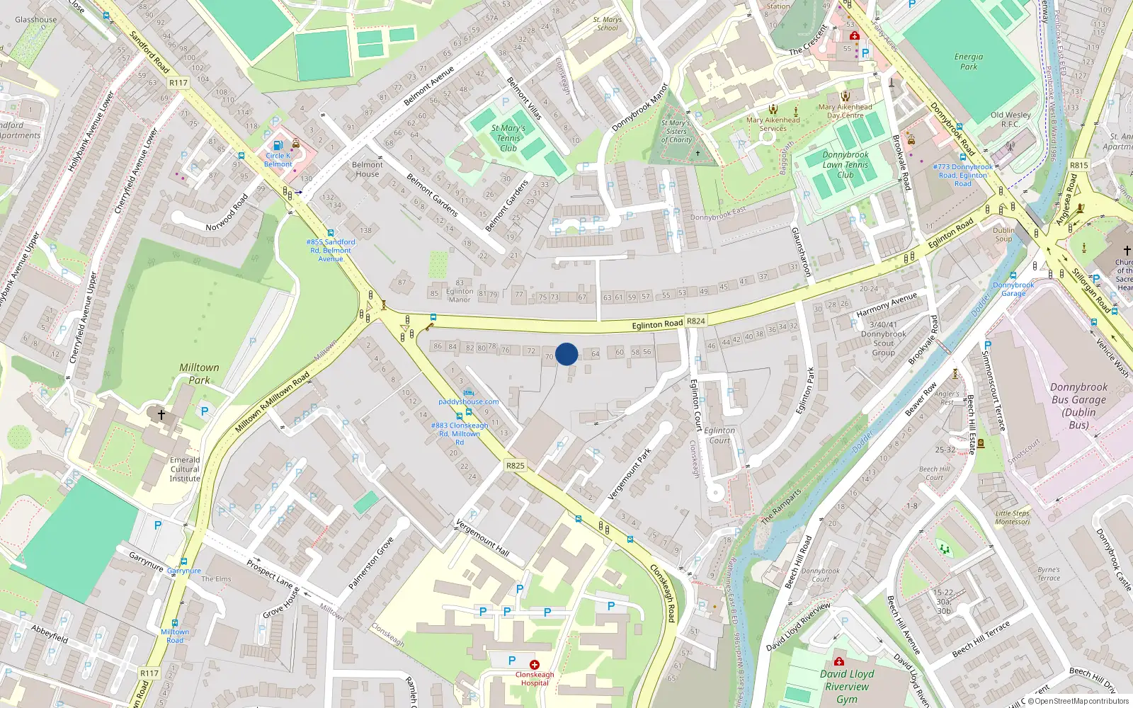 Overhead map showing the location of 68 Eglinton Road, Donnybrook