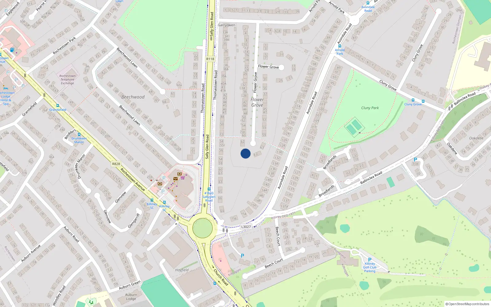 Overhead map showing the location of 68 Flower Grove, Glenageary, Dublin