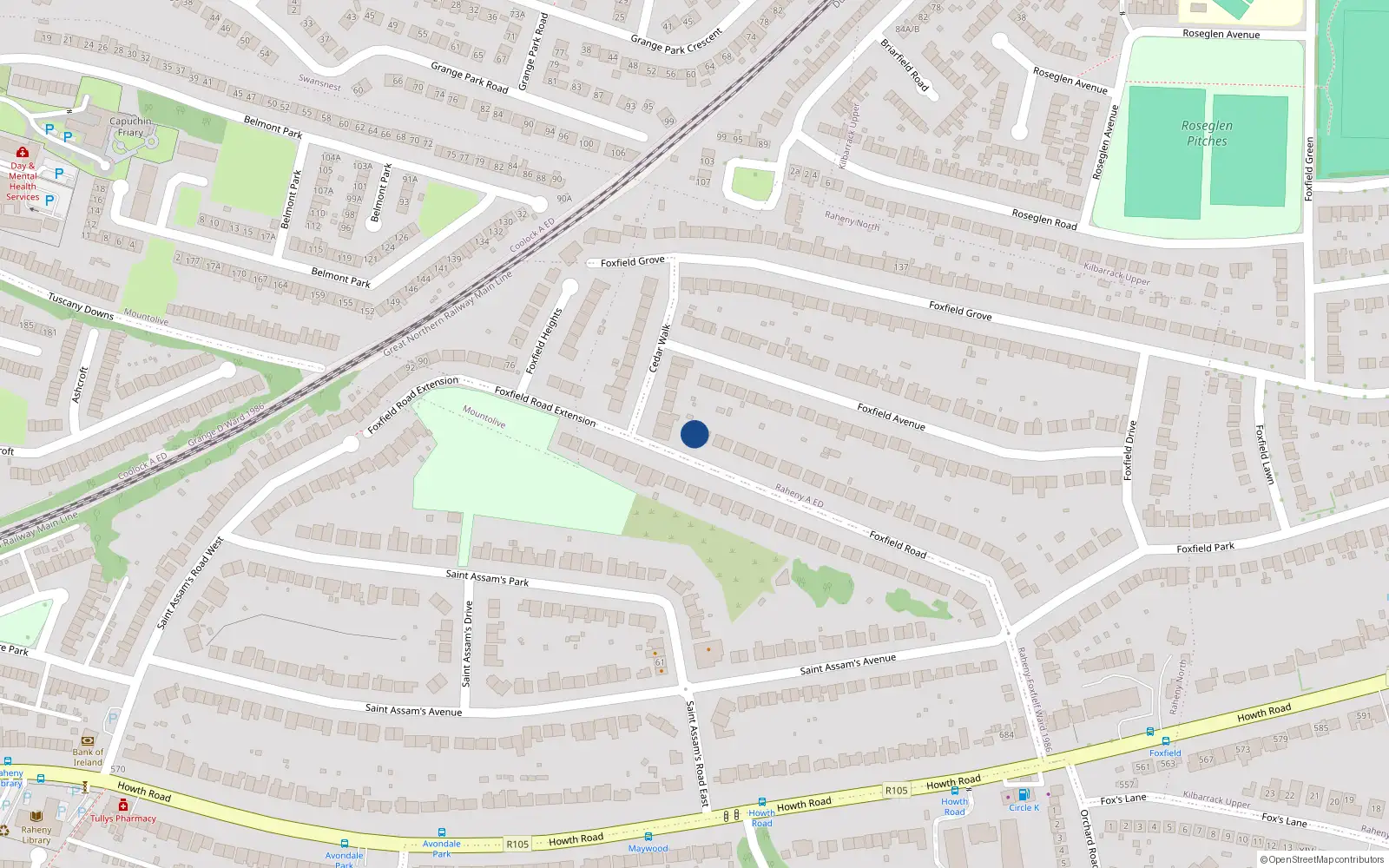 Overhead map showing the location of 68 Foxfield Road, Raheny, Dublin 5