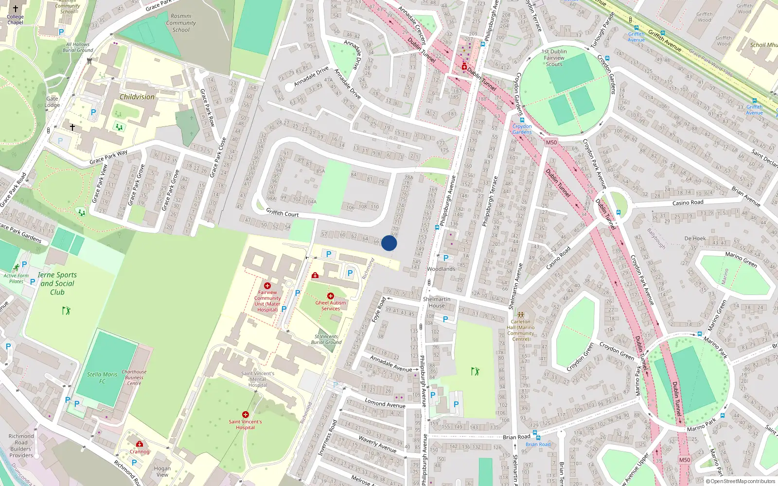 Overhead map showing the location of 68 Griffith Court, Fairview, Dublin 3