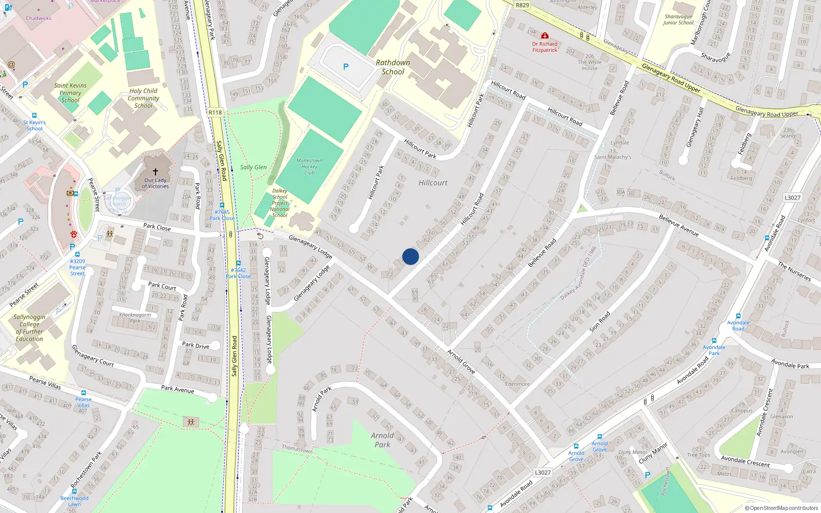 Overhead map showing the location of 68 Hillcourt Road, Glenageary, Dublin
