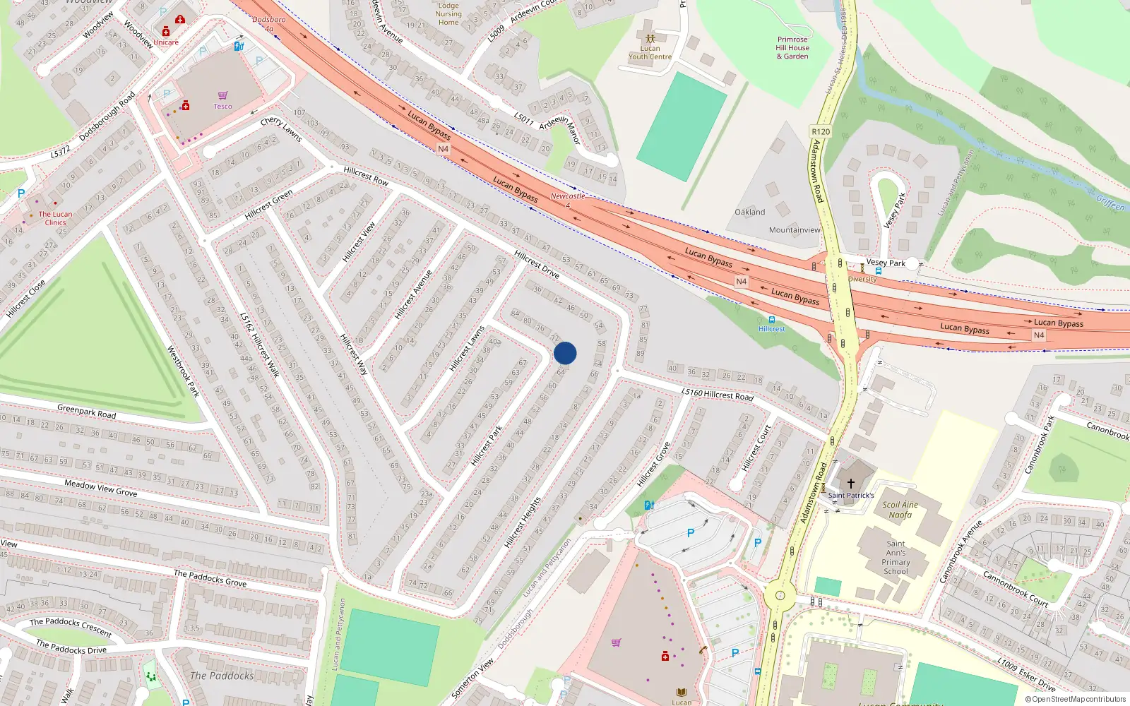 Overhead map showing the location of 68 Hillcrest Park, Lucan