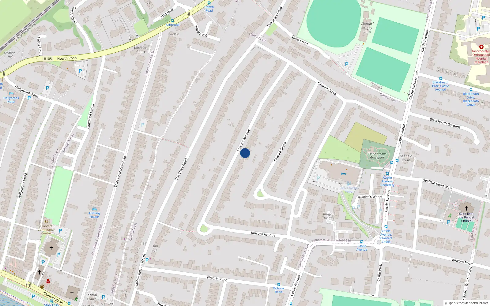 Overhead map showing the location of 68 Kincora Avenue, Dublin 3