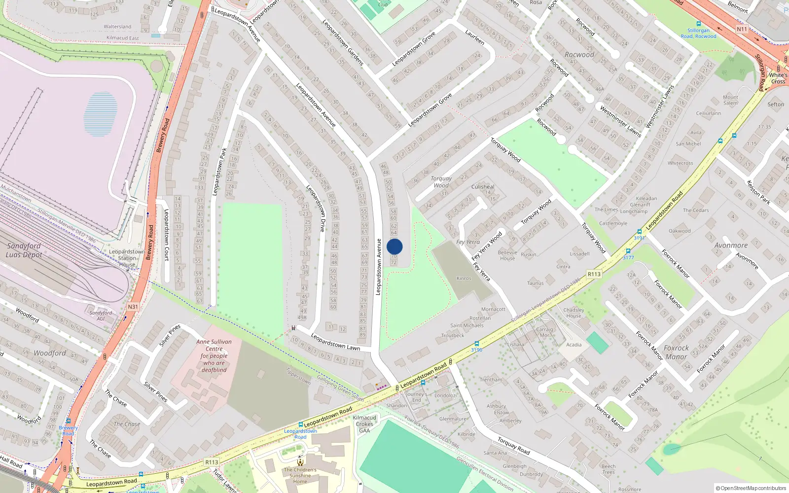 Overhead map showing the location of 68 Leopardstown Avenue, Dublin