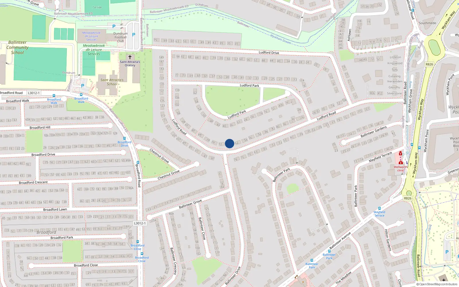 Overhead map showing the location of 68 Ludford Road, Dublin 16