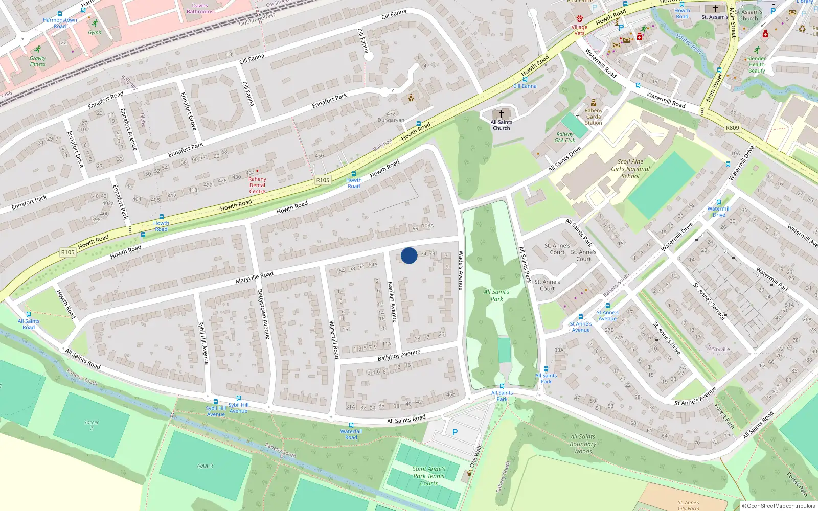 Overhead map showing the location of 68 Maryville Road, St Annes Estate, Raheny Dublin 5
