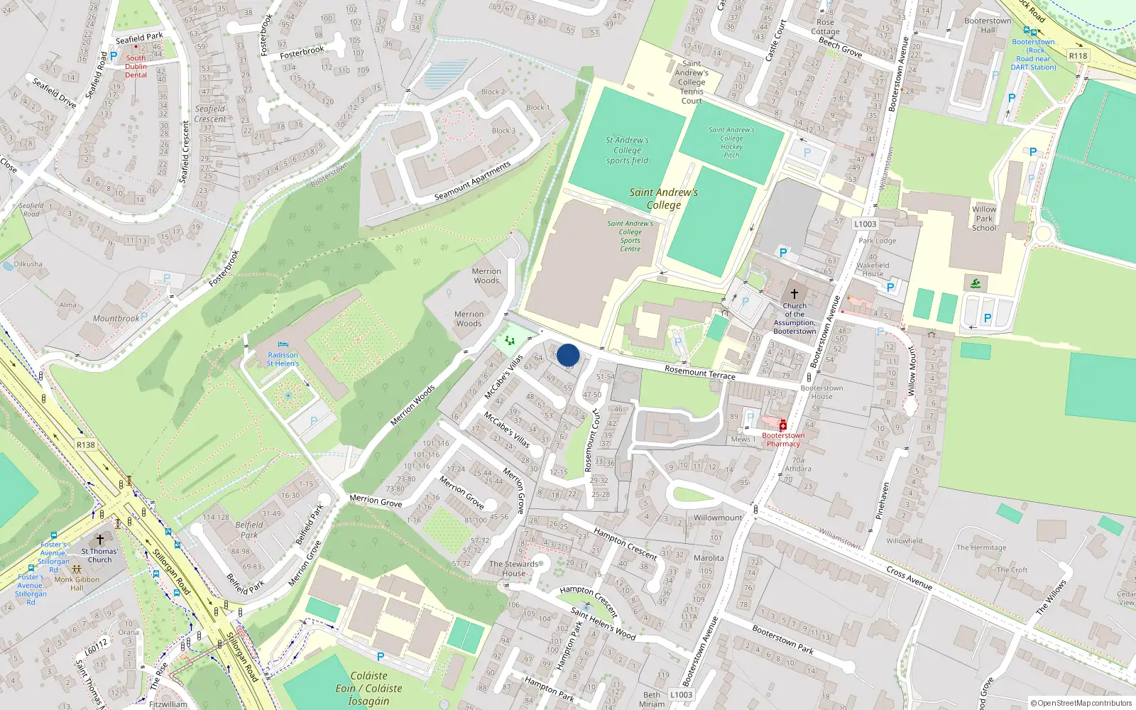 Overhead map showing the location of 68 McCabe's Villas, Booterstown