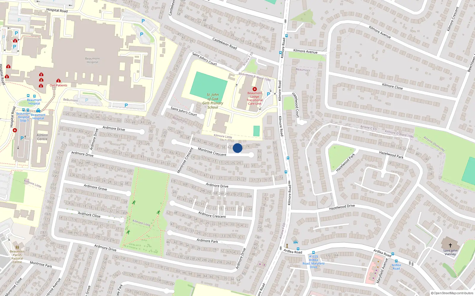Overhead map showing the location of 68 Montrose Crescent, Artane, Dublin 5