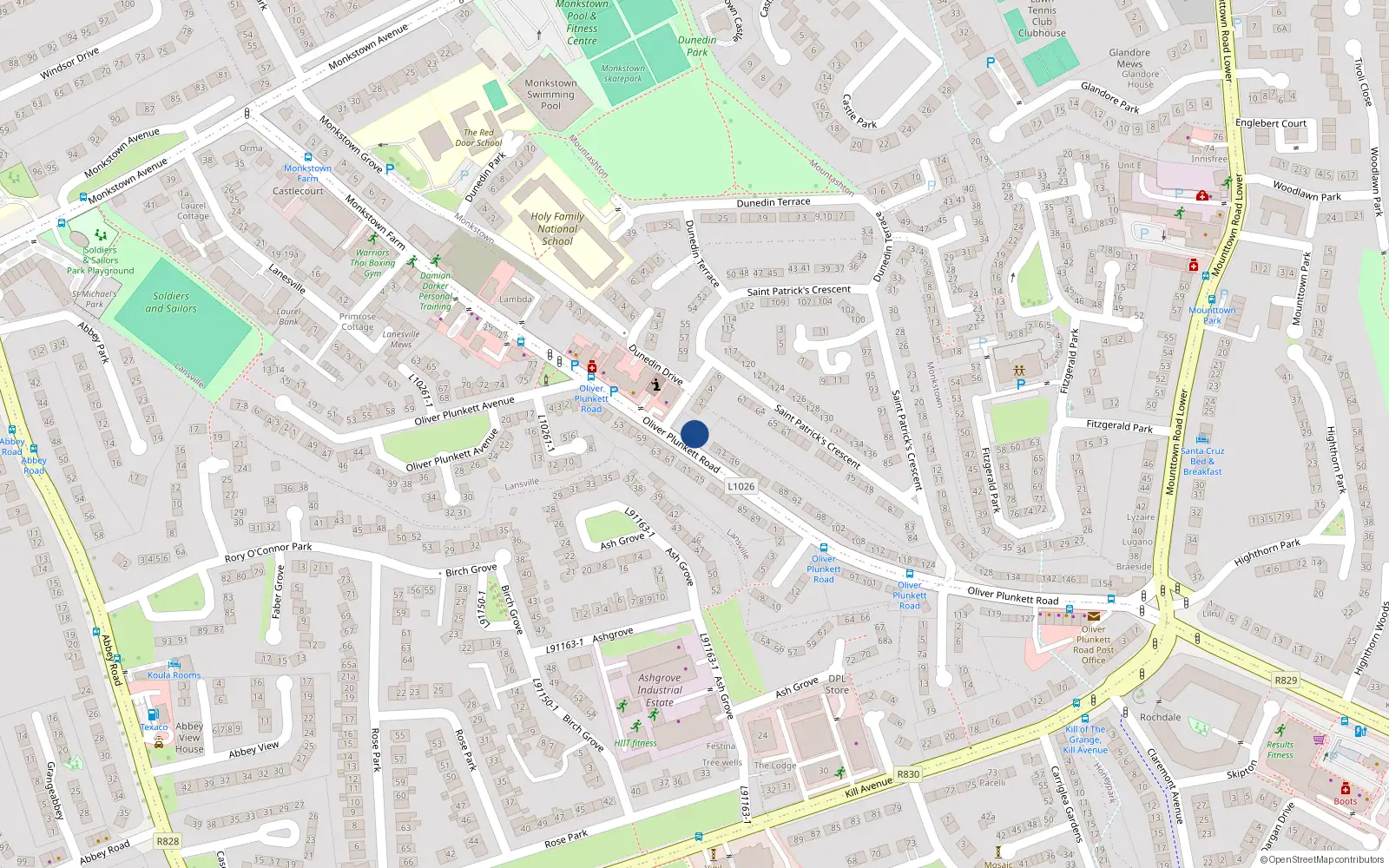 Overhead map showing the location of 68 Oliver Plunkett Road, Dun Laoghaire, Co Dublin