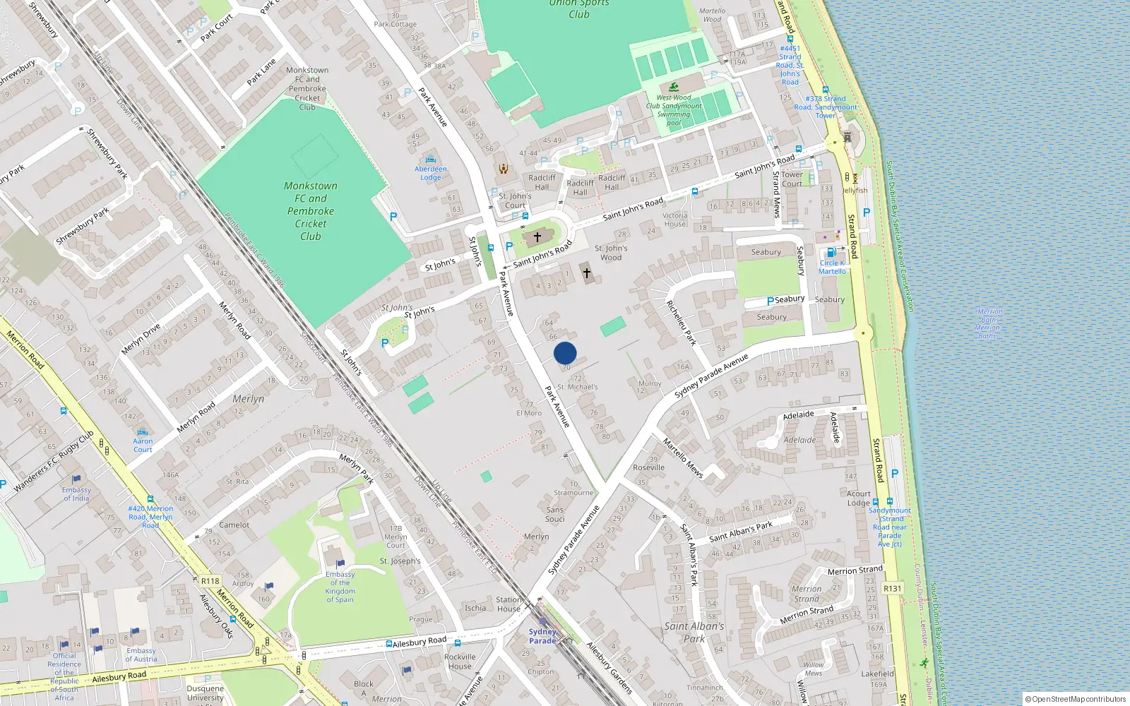 Overhead map showing the location of 68 Park Avenue, Dublin 4
