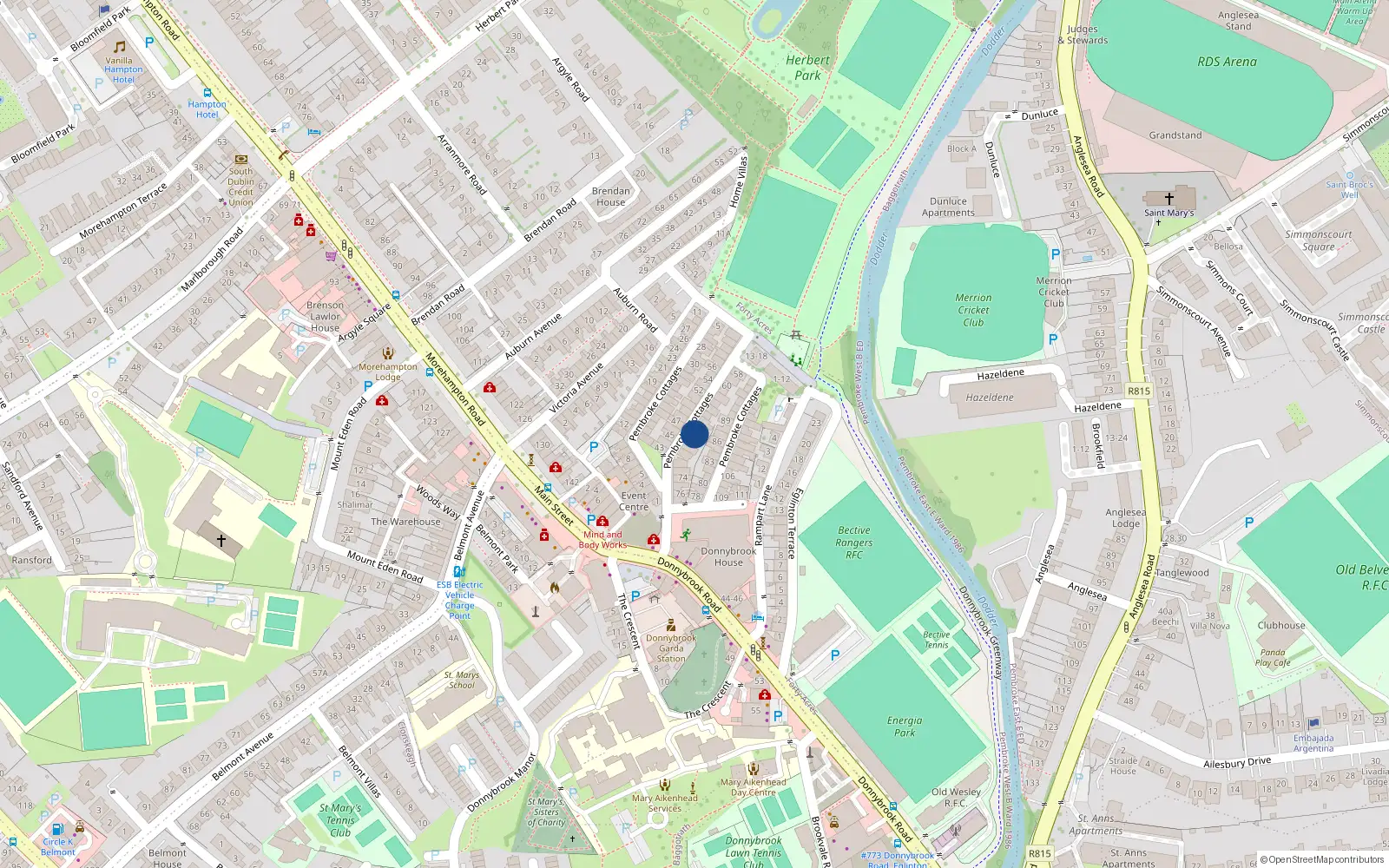 Overhead map showing the location of 68 Pembroke Cottages, Dublin 4