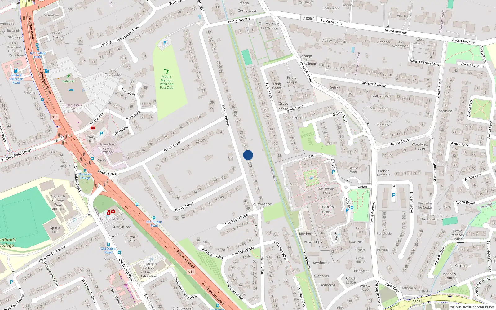 Overhead map showing the location of 68 Priory Avenue, Dublin