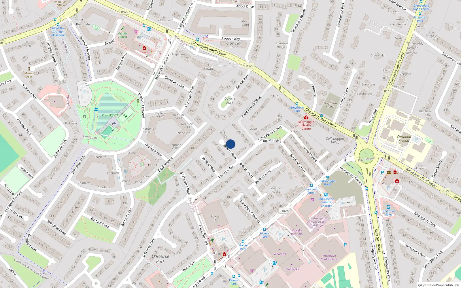 Overhead map showing the location of 68 Rollins Villas, Sallynoggin, Dublin
