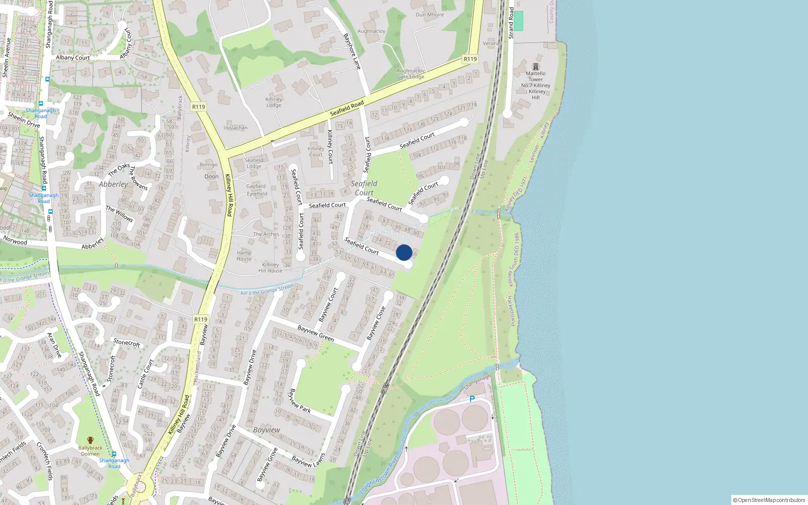 Overhead map showing the location of 68 Seafield Court, Killiney