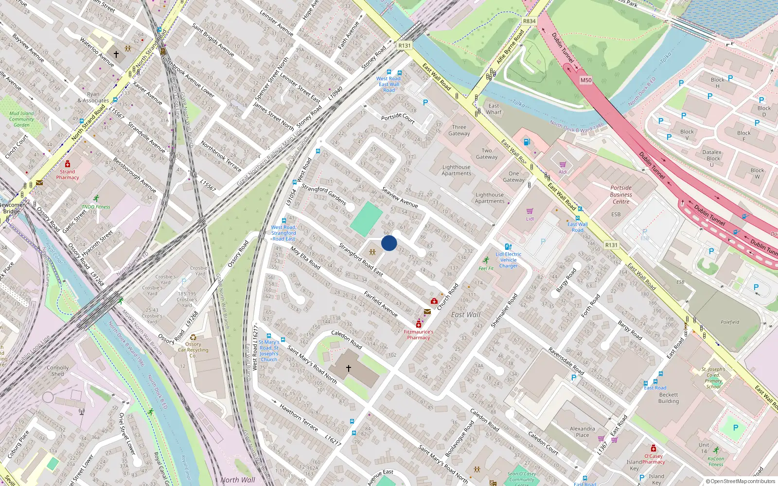 Overhead map showing the location of 68 Seaview Avenue, East Wall, Dublin 3