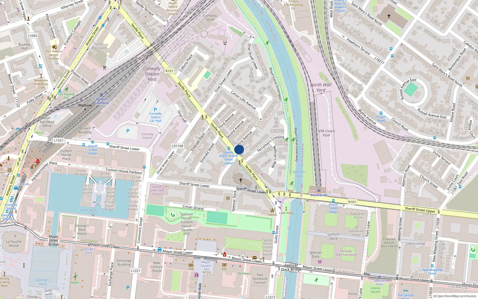 Overhead map showing the location of 68 Seville Place, Dublin 1, Dublin
