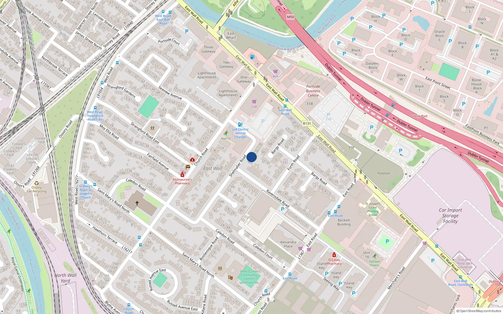 Overhead map showing the location of 68 Shelmalier Road East Wall, Dublin 3, Dublin