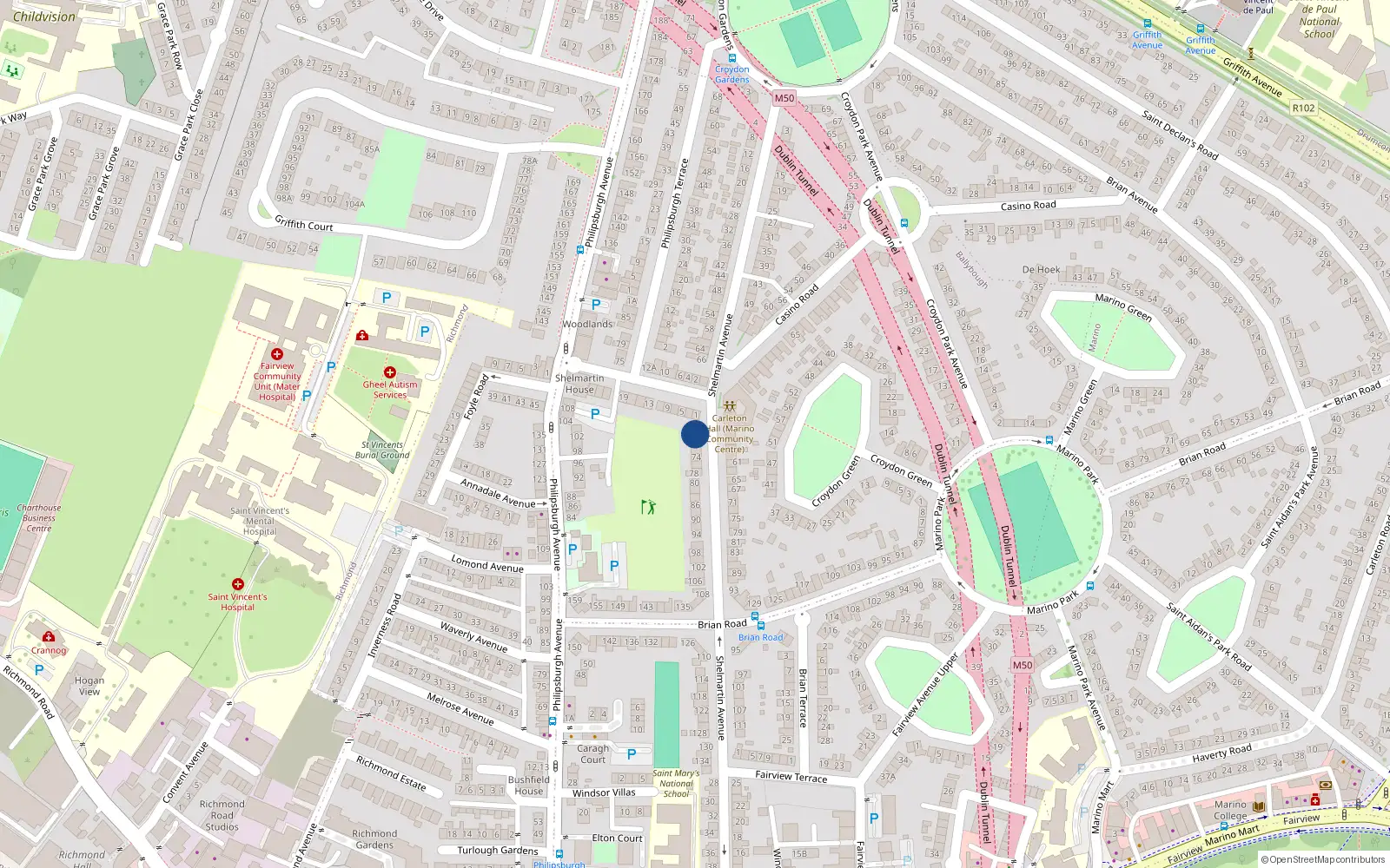 Overhead map showing the location of 68 Shelmartin Avenue, Dublin 3